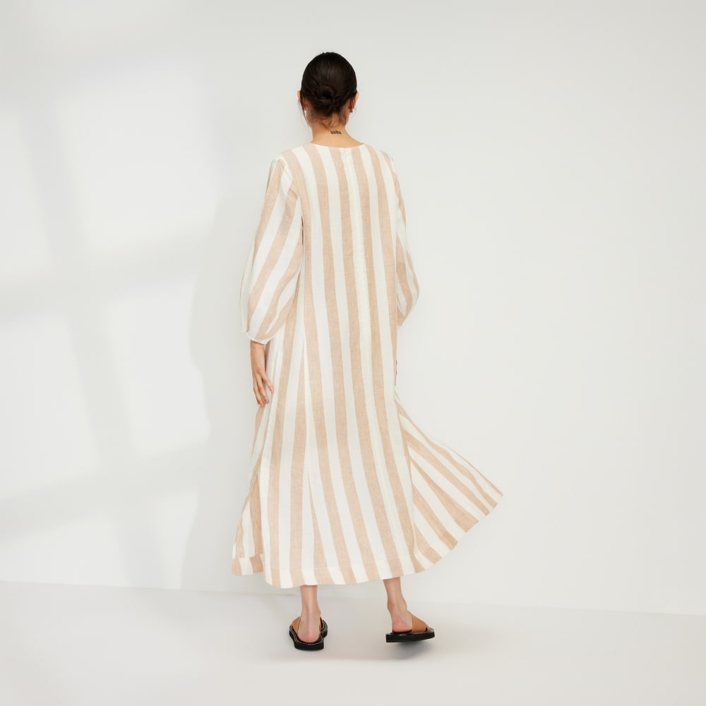 The Linen A-Line Midi Dress in Bone / Caramel — detail view