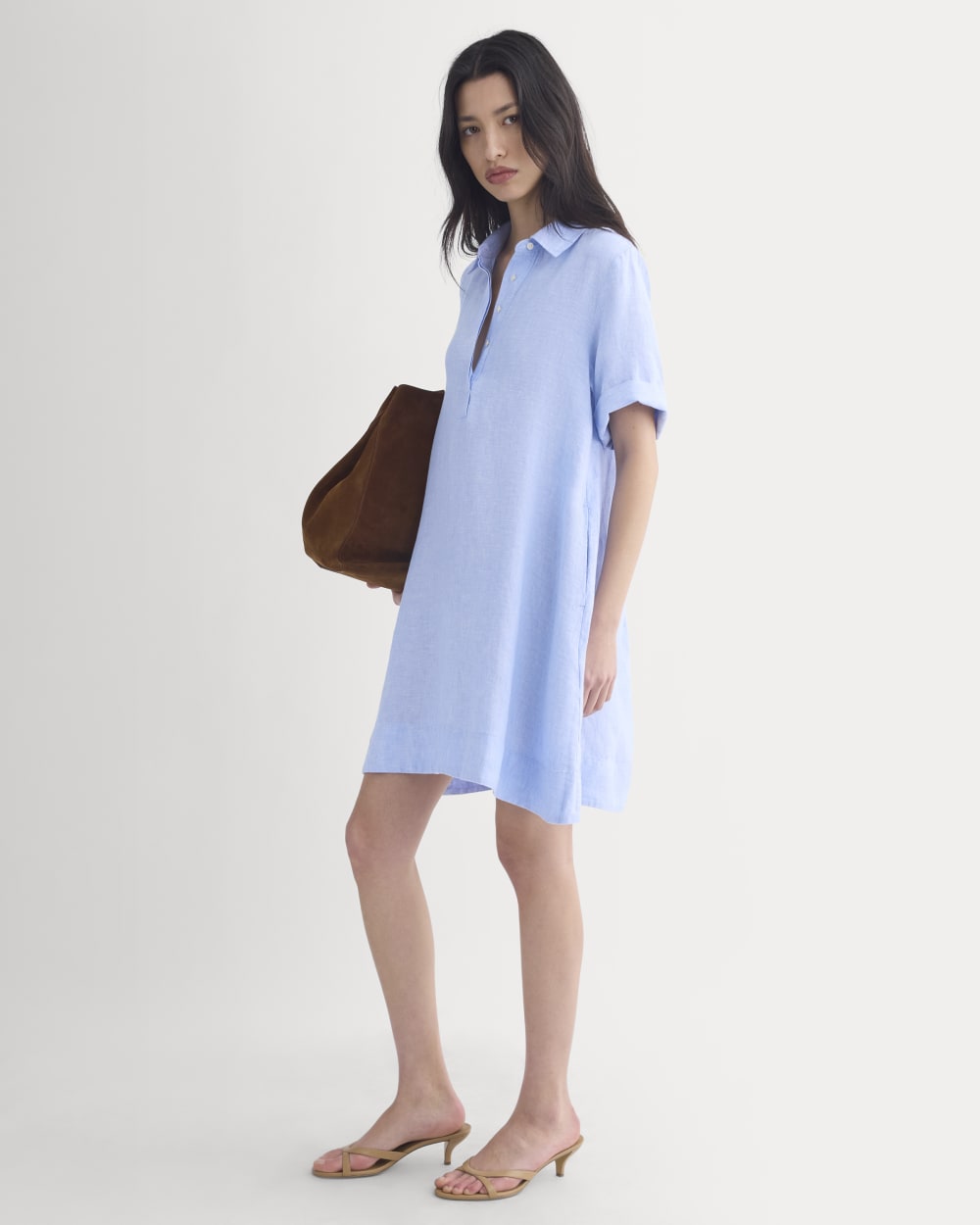 Mini Popover Shirtdress in Linen in Light Blue — front view