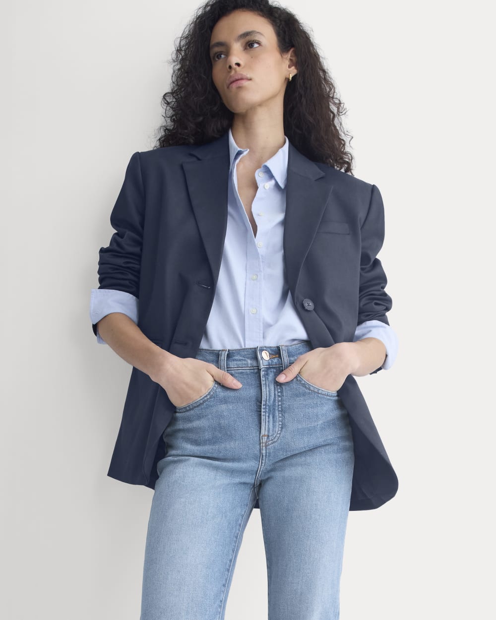 Tailored Drape Blazer in Navy — detail view