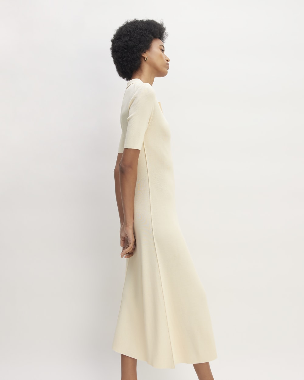 The Viscose Knit Polo Midi Dress in Beige — detail view