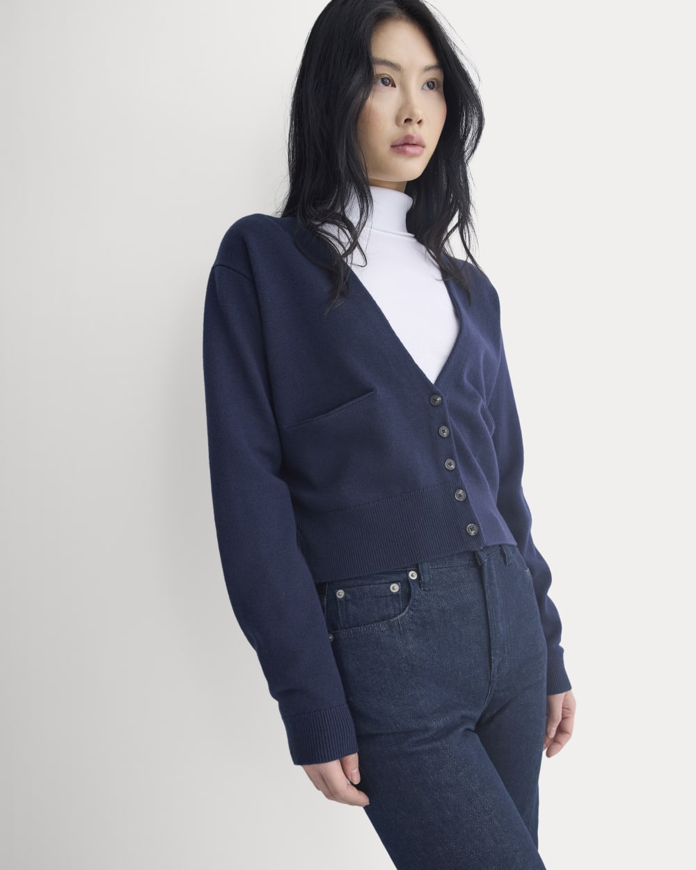 Deep V-Neck Cardigan in Cotton Merino in Navy — detail view