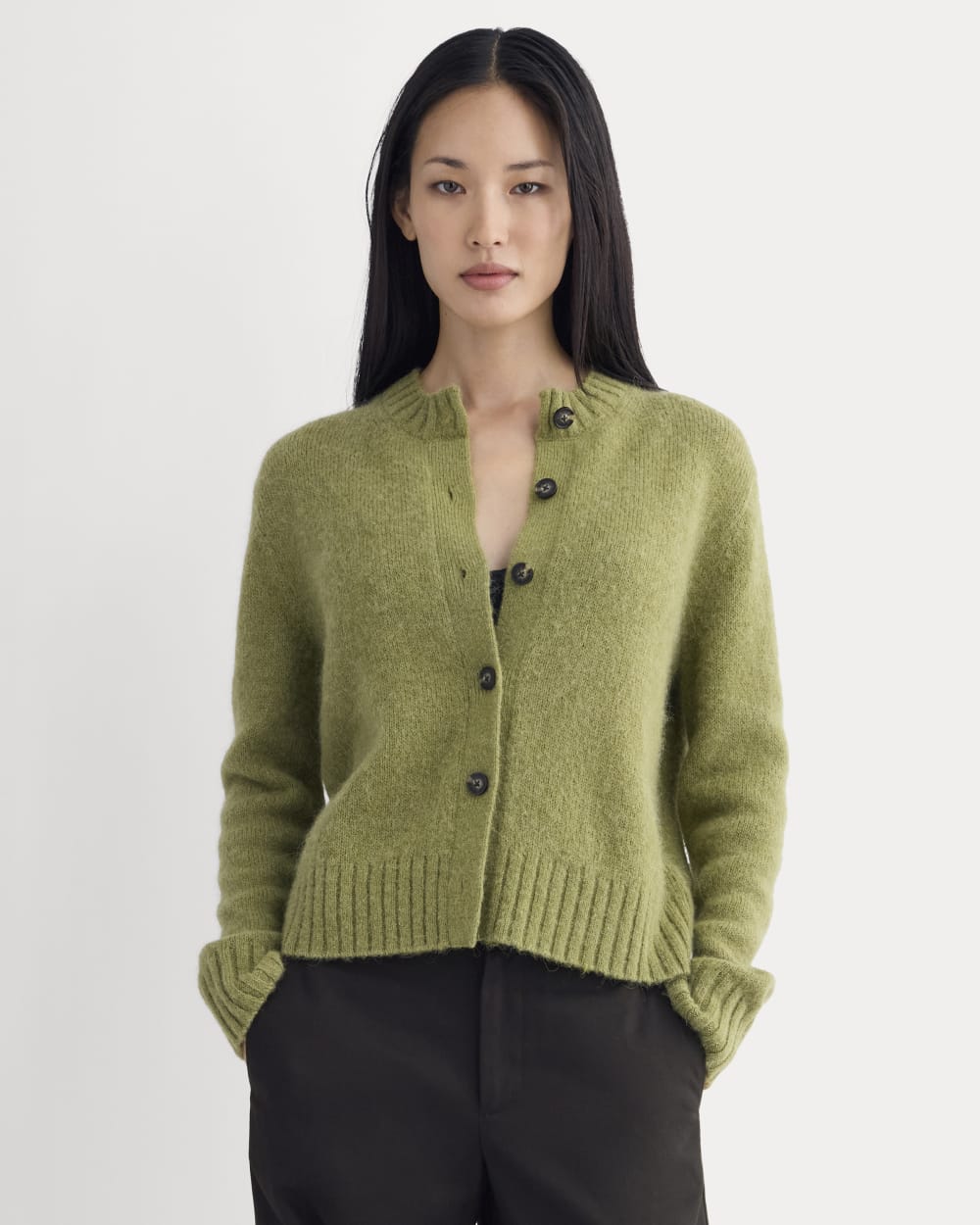 The Crew Cardigan in Alpaca in Moss — front view