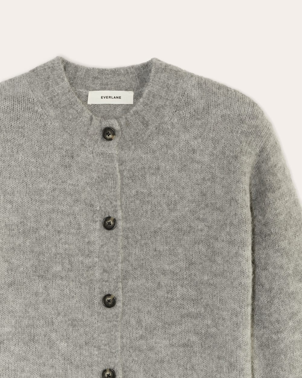 The Crew Cardigan in Alpaca in Heather Stone Grey — detail view