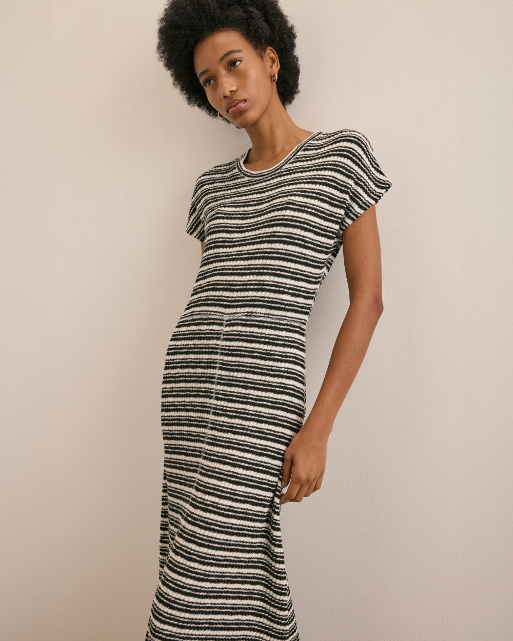 The Rib-Knit Cap-Sleeve Midi Dress in Bone / Black — detail view