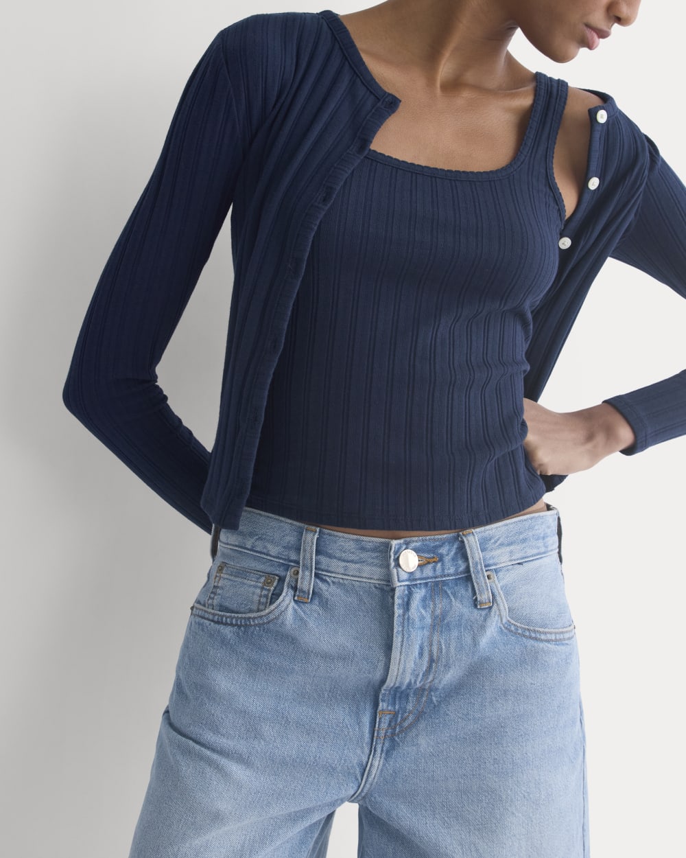 Scoop-Neck Tank in Pointelle in Deep Navy — detail view
