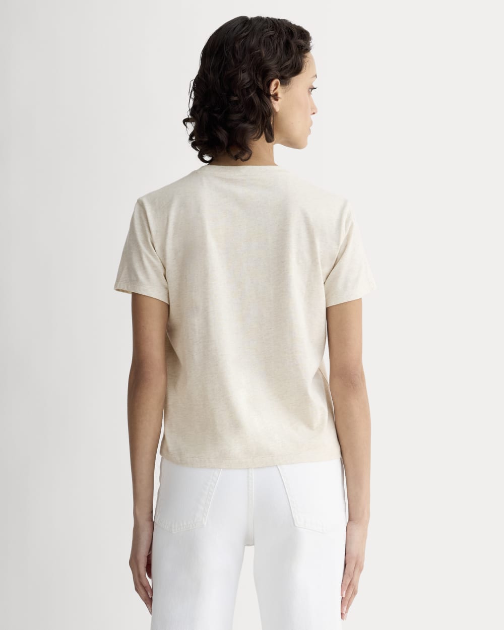 The Box-Cut Tee in Essential Cotton in Heathered Oat — detail view
