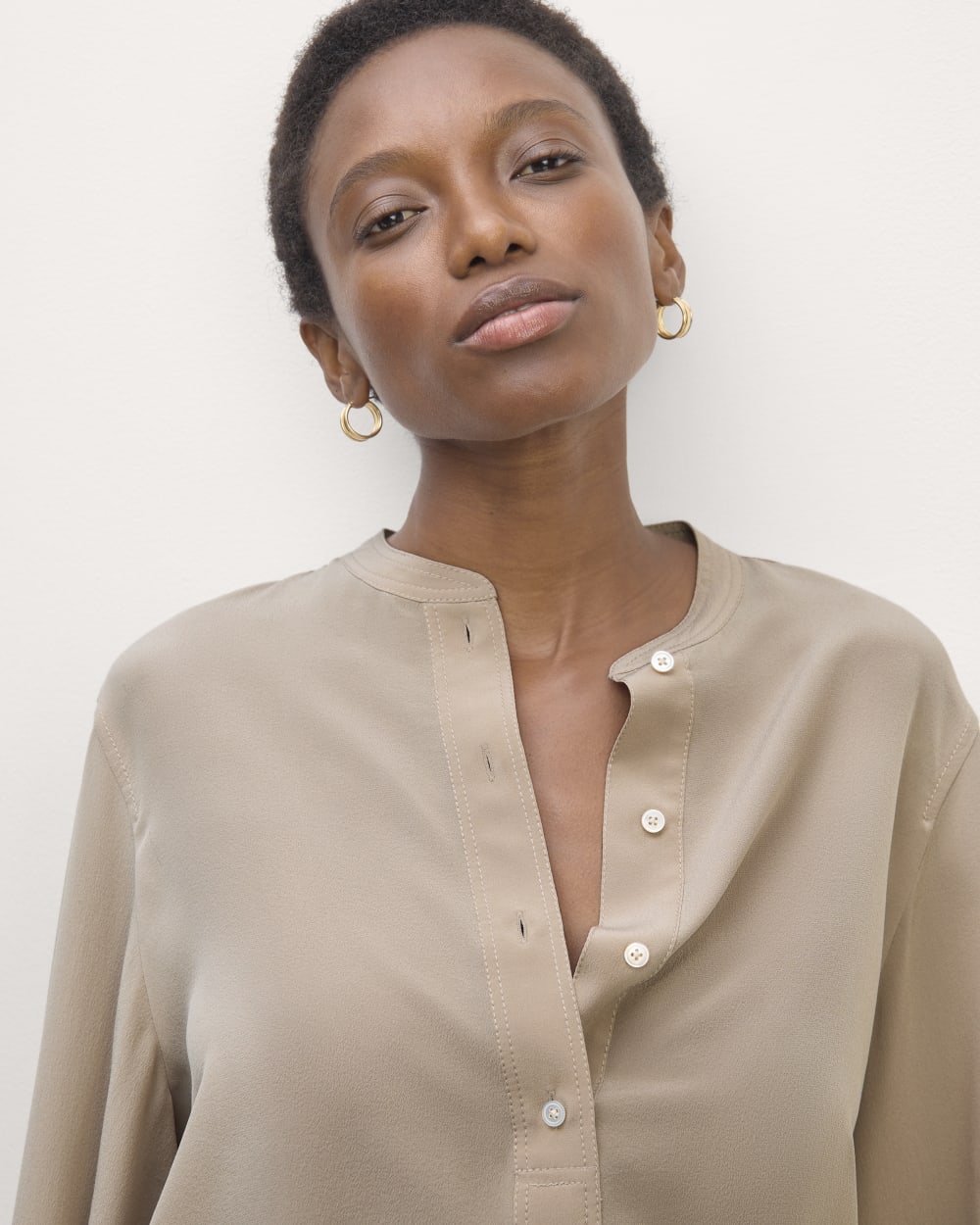 The Henley Shirt in Washable Silk in Burnt Sugar — detail view