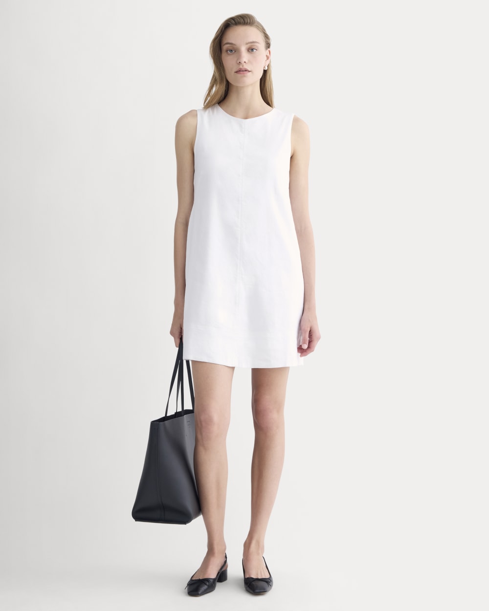 The Shift Dress in Stretch Linen in White — front view