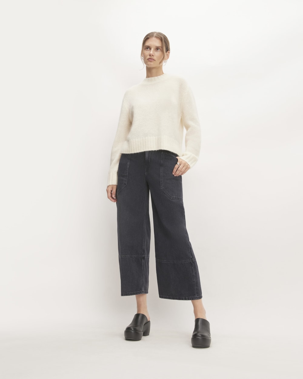 The Alpaca Cropped Crewneck Sweater in Snow — detail view