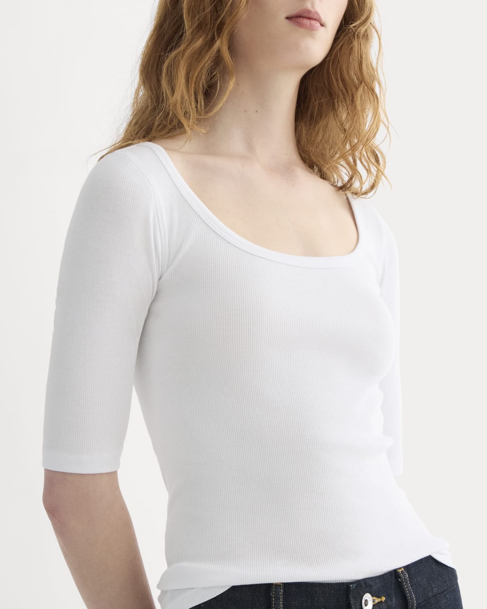 The Luxe Rib Scoop-Neck Tee in White — detail view