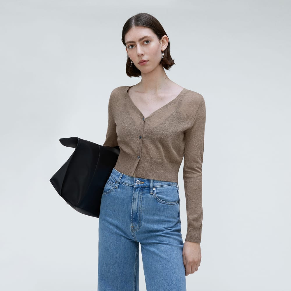 The Featherweight Alpaca Cardigan in Taupe Grey — detail view