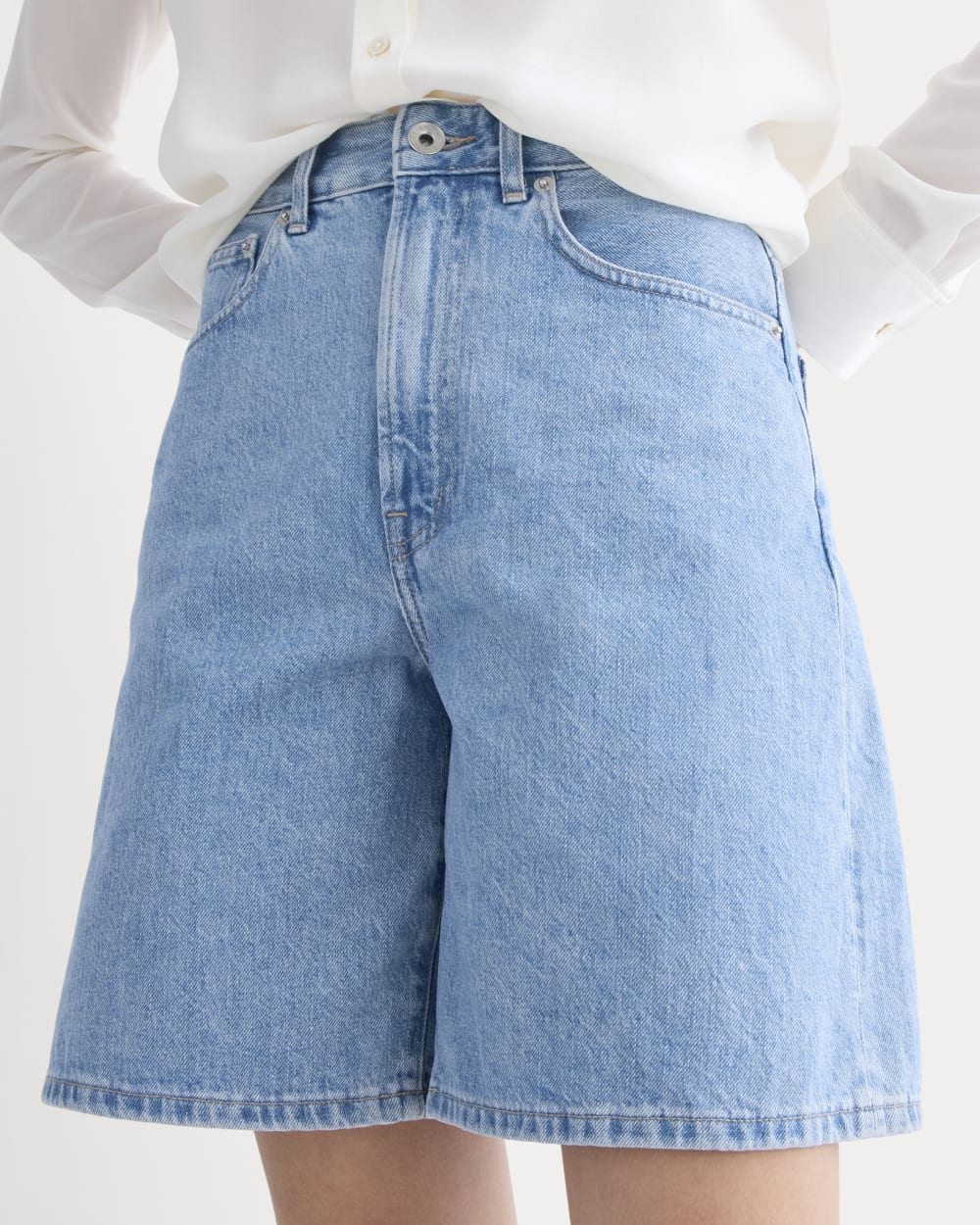 The Long A-Line Denim Short in Light Indigo — detail view