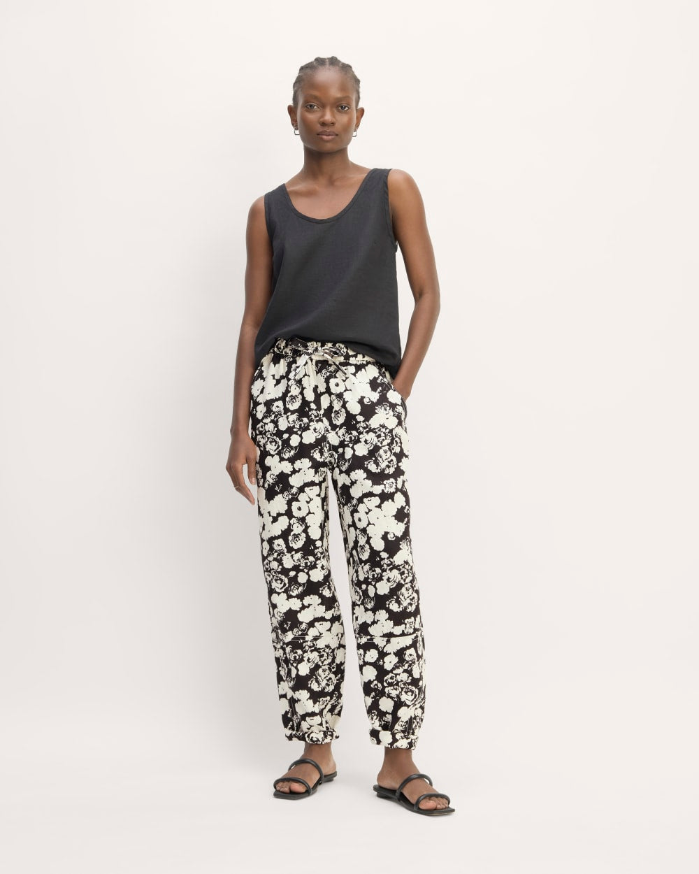 The Linen Pull-On Barrel Pant in Black / Bone Floral — front view