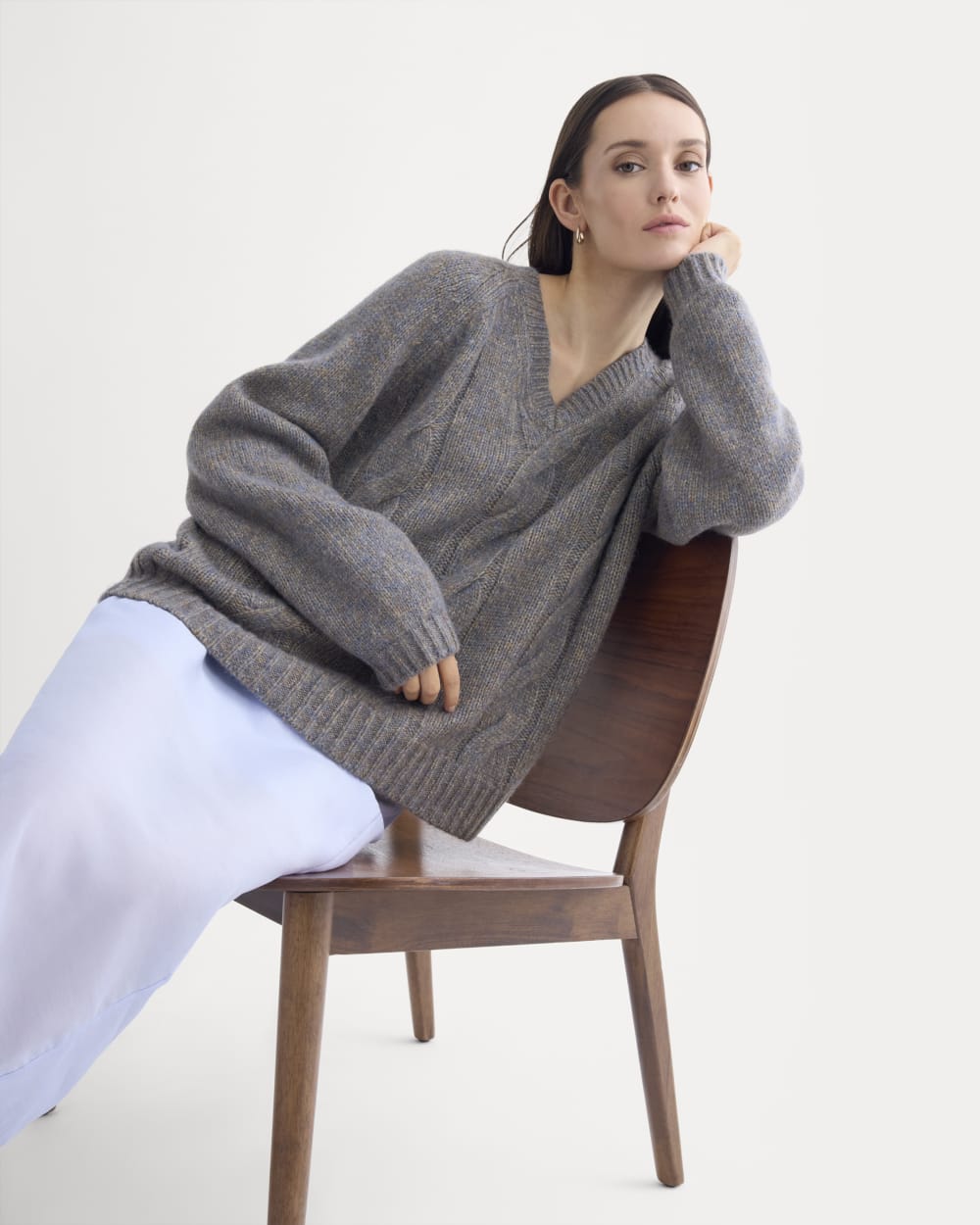 Cloud Cable V-Neck Sweater in Blue Multi Twist — front view