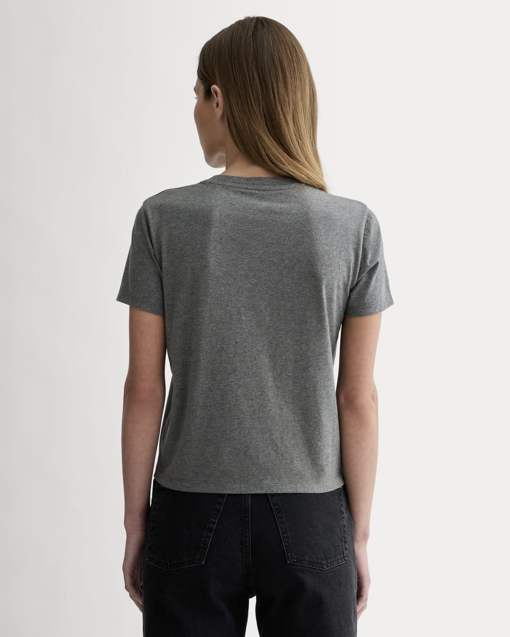 The Box-Cut Tee in Essential Cotton in Heathered Charcoal — detail view