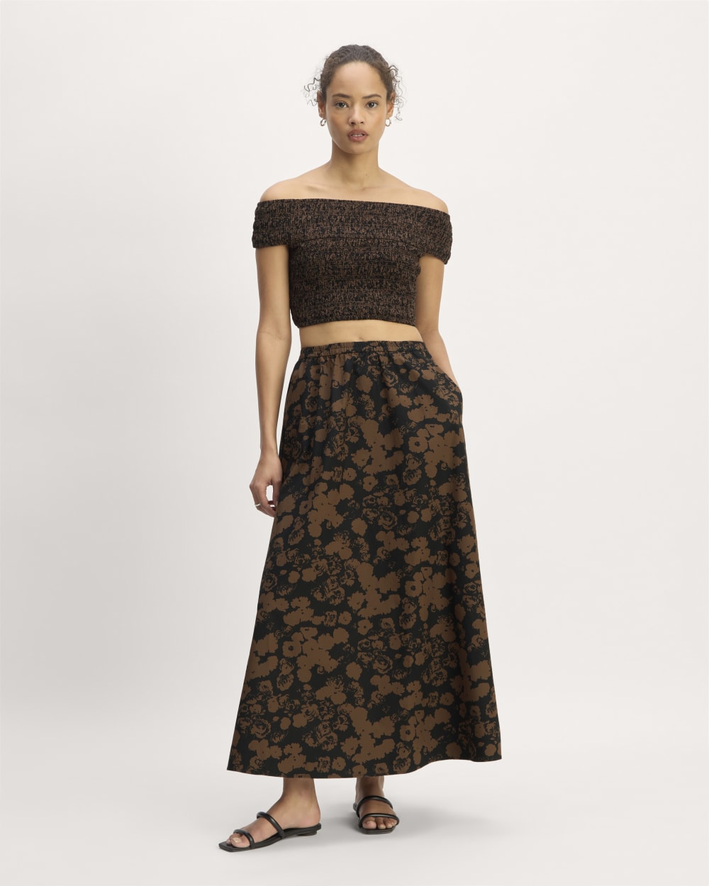 The Gauze Smock Top in Black / Cocoa Small Floral — detail view
