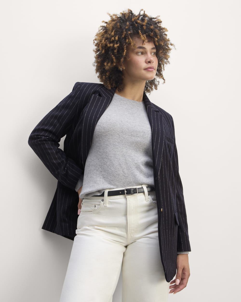 The Oversized Blazer in Wool in Navy / White — front view