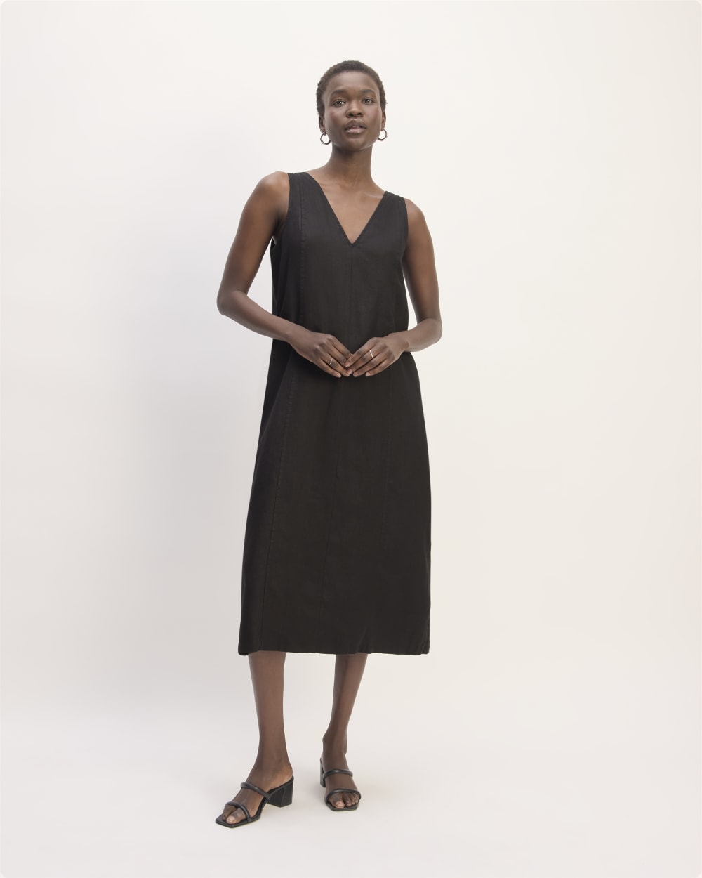 The Linen V-Neck Midi Dress in Black — front view