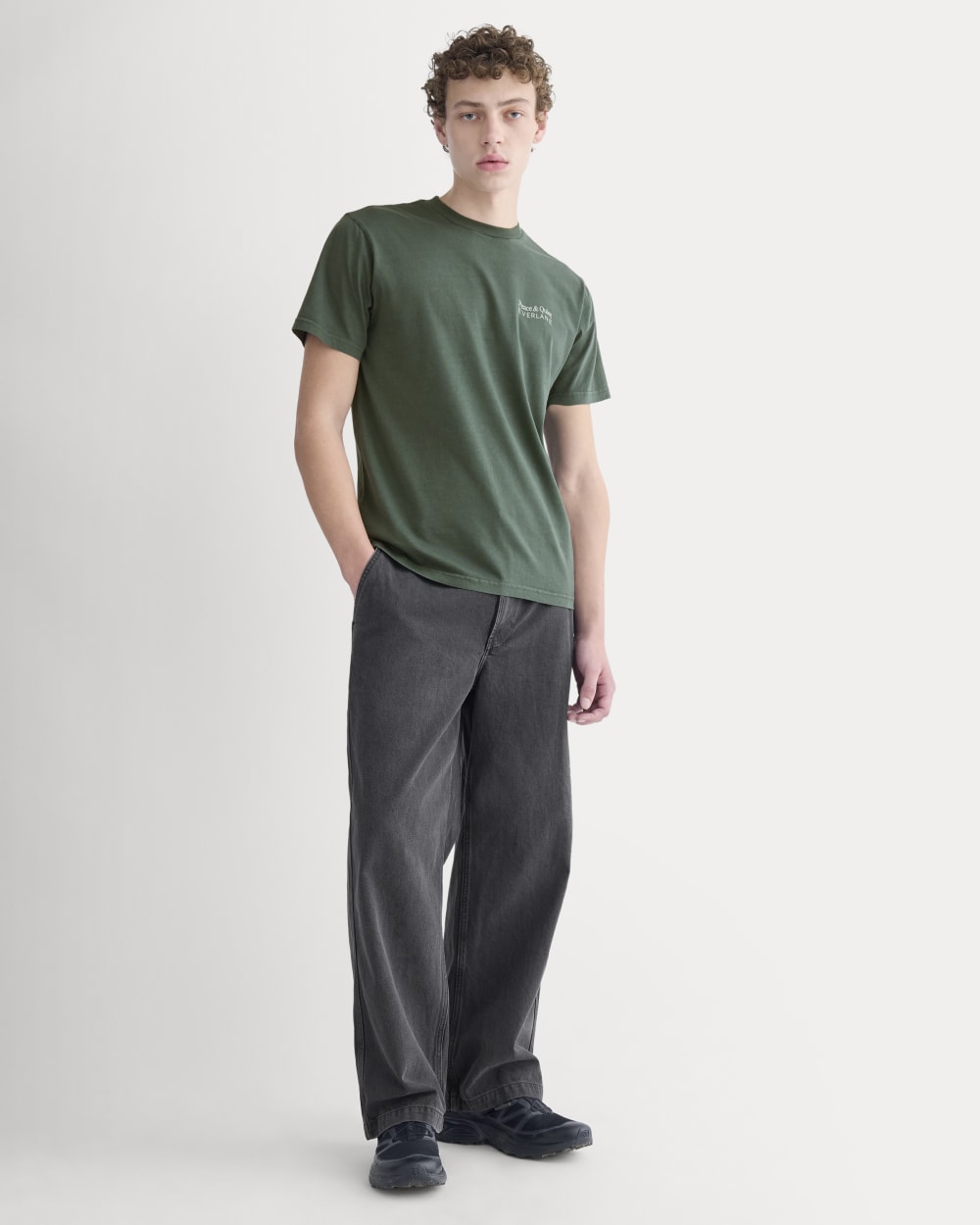Everlane x Peace & Quiet Graphic Logo Tee in Pine — detail view
