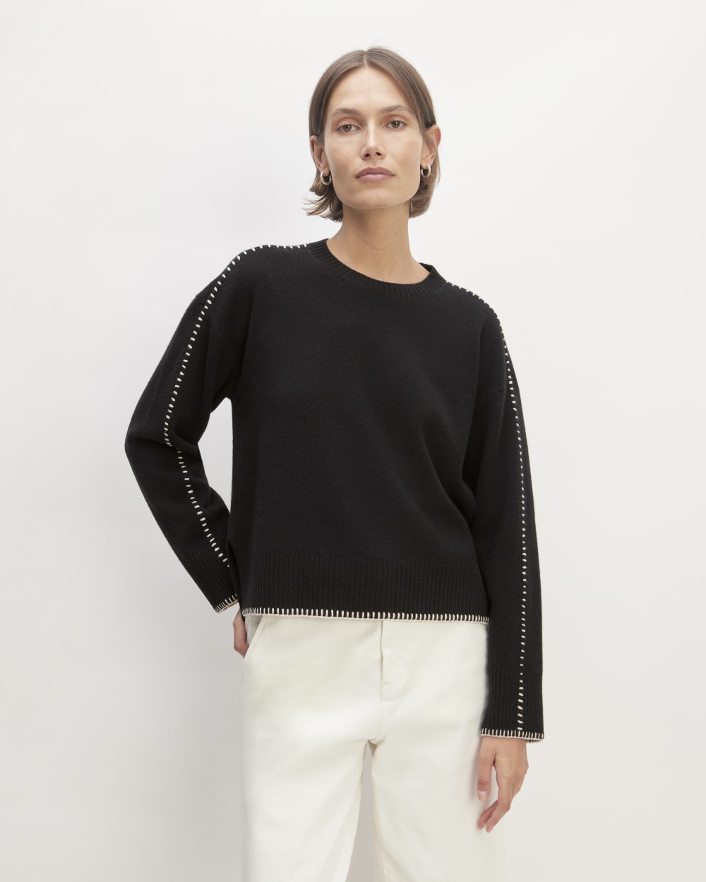 The Good Merino Wool Crewneck Sweater in Black / Buttermilk — front view