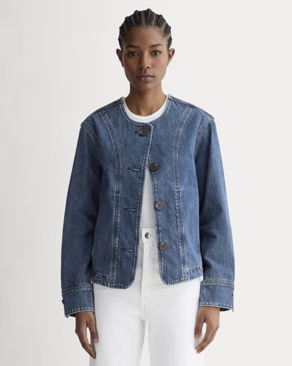 The Denim Barrel Jacket in Deep Atlantic — front view