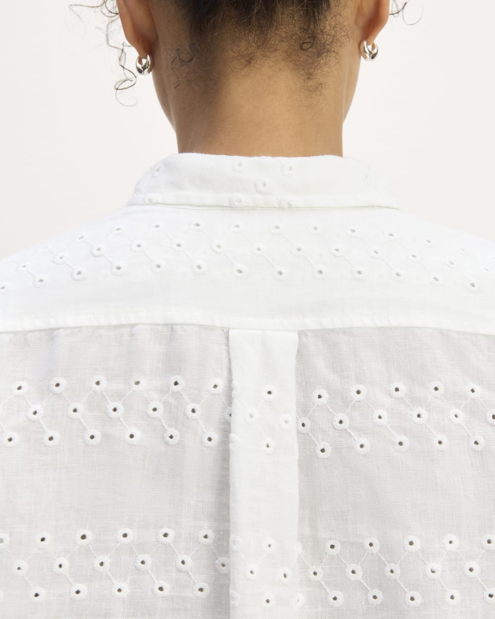 The Linen Eyelet Relaxed Shirt in White Eyelet — detail view
