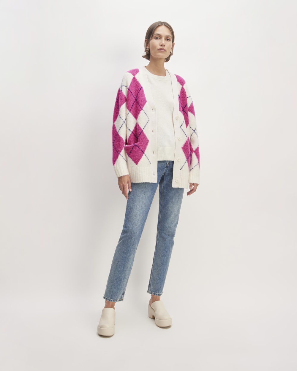The SuperFuzz Alpaca Cardigan in Bone / Fuchsia Pink / Ocean Cavern — detail view