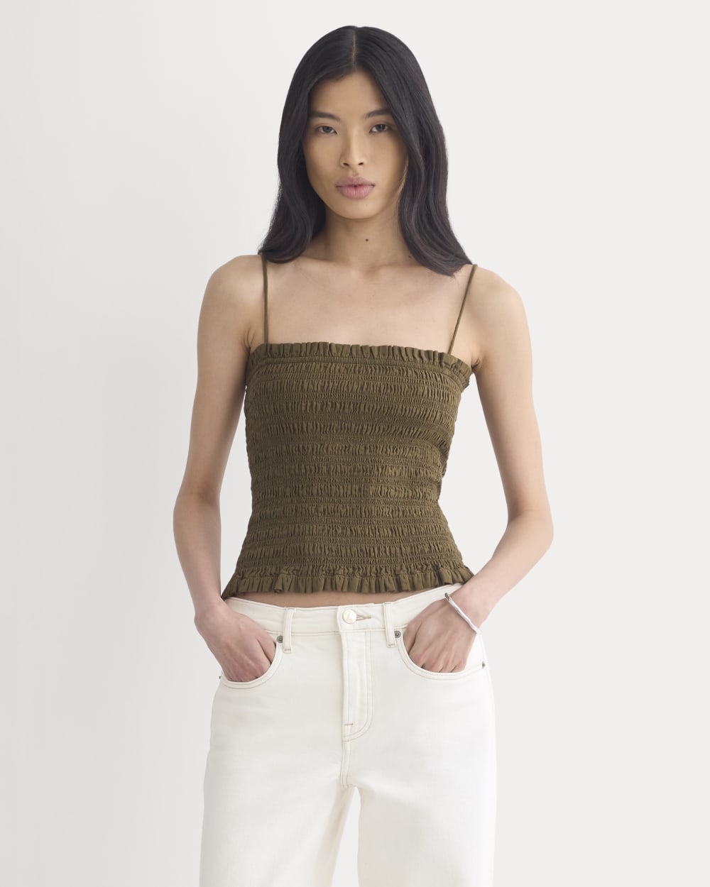Gauze Smocked Cami in Beech — front view
