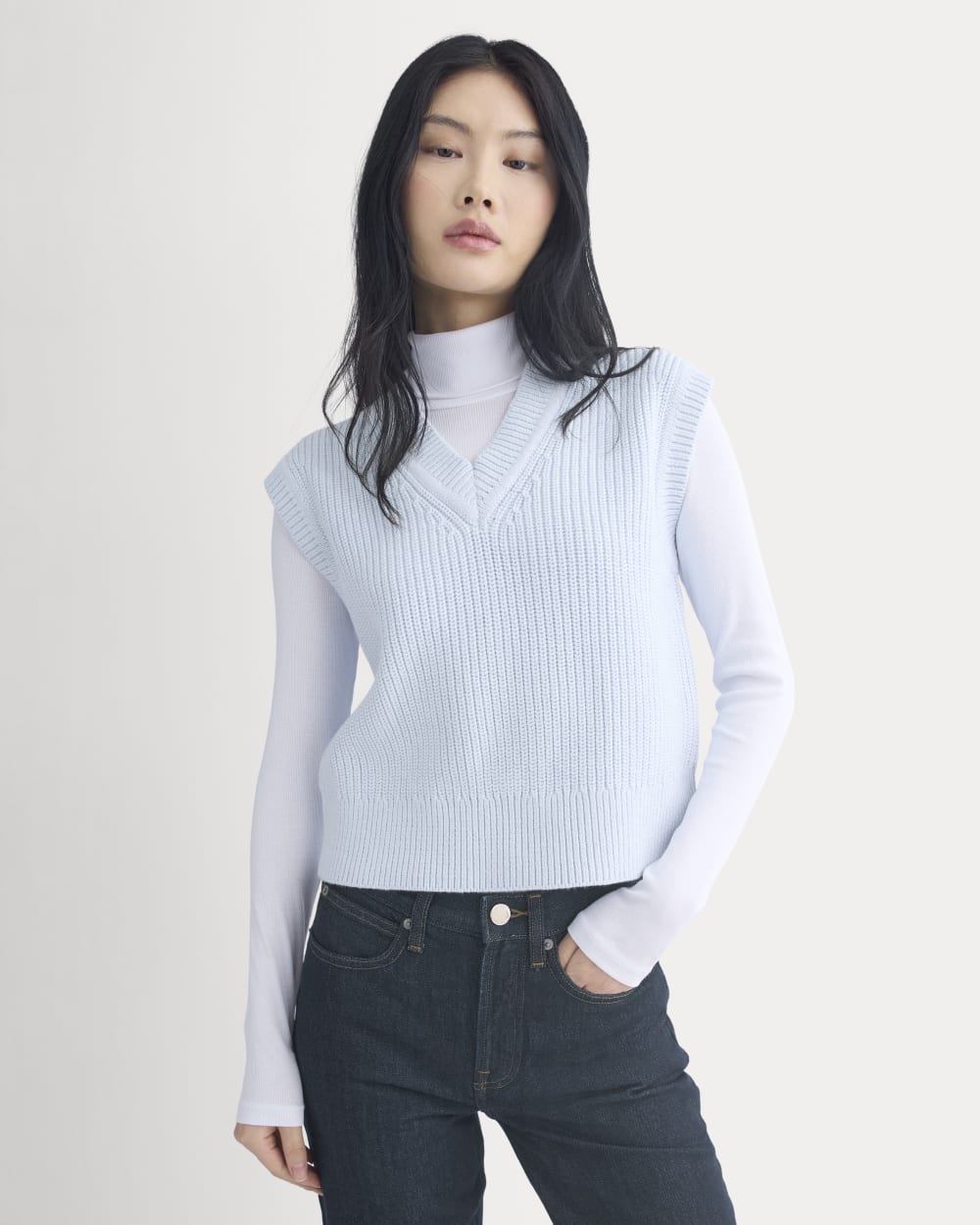 Ribbed V-Neck Vest in Everyday Cotton in Skywriting — front view