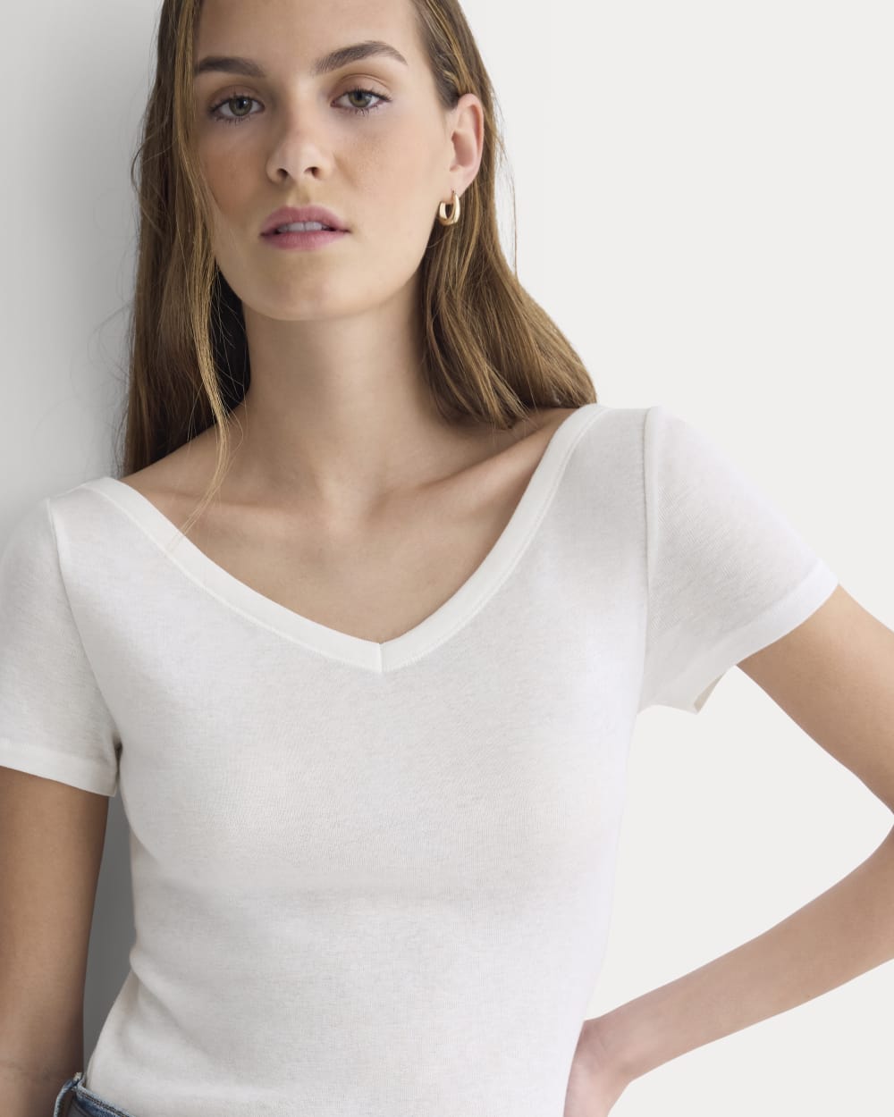Tissue Short-Sleeve V-Neck Top in Bone — detail view