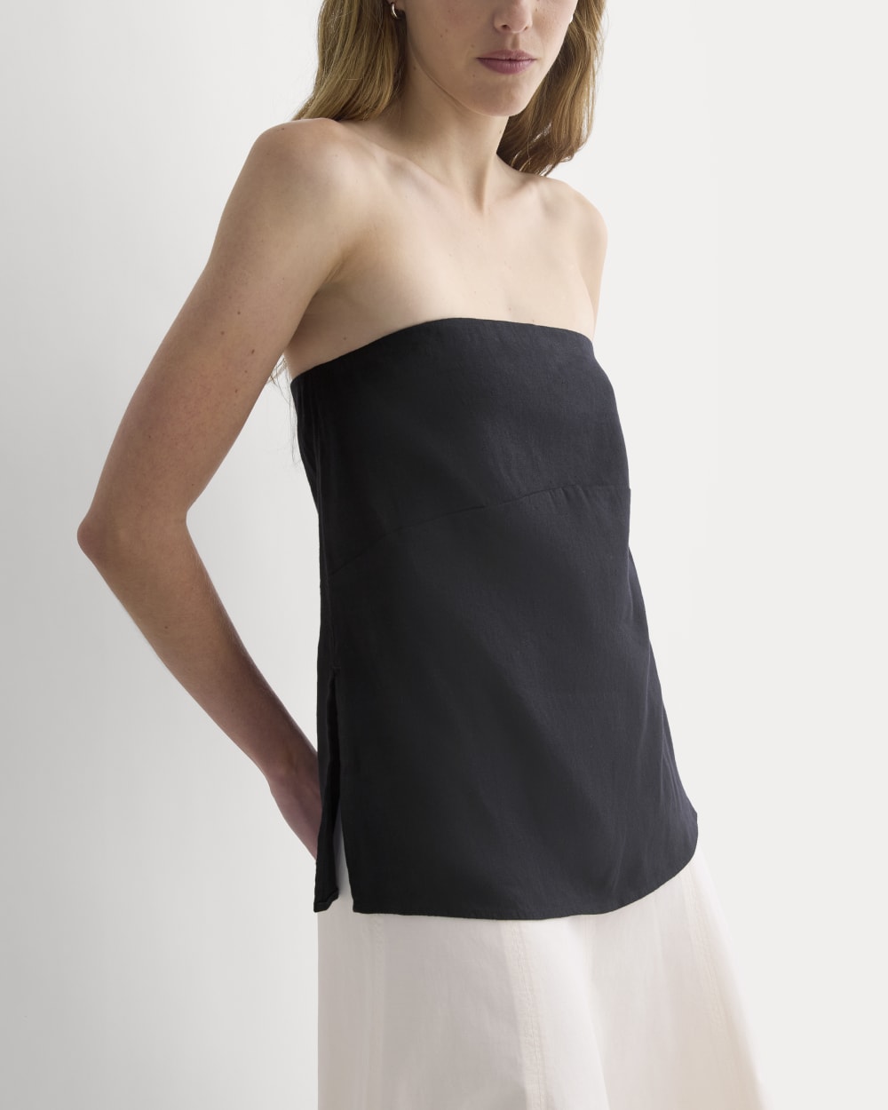 Tube Top in Stretch Linen in Black — front view