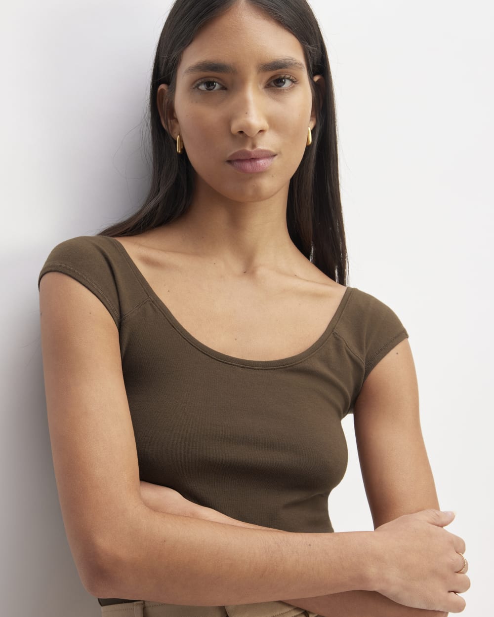 The Supima® Form Cap-Sleeve Tee in Cocoa — detail view