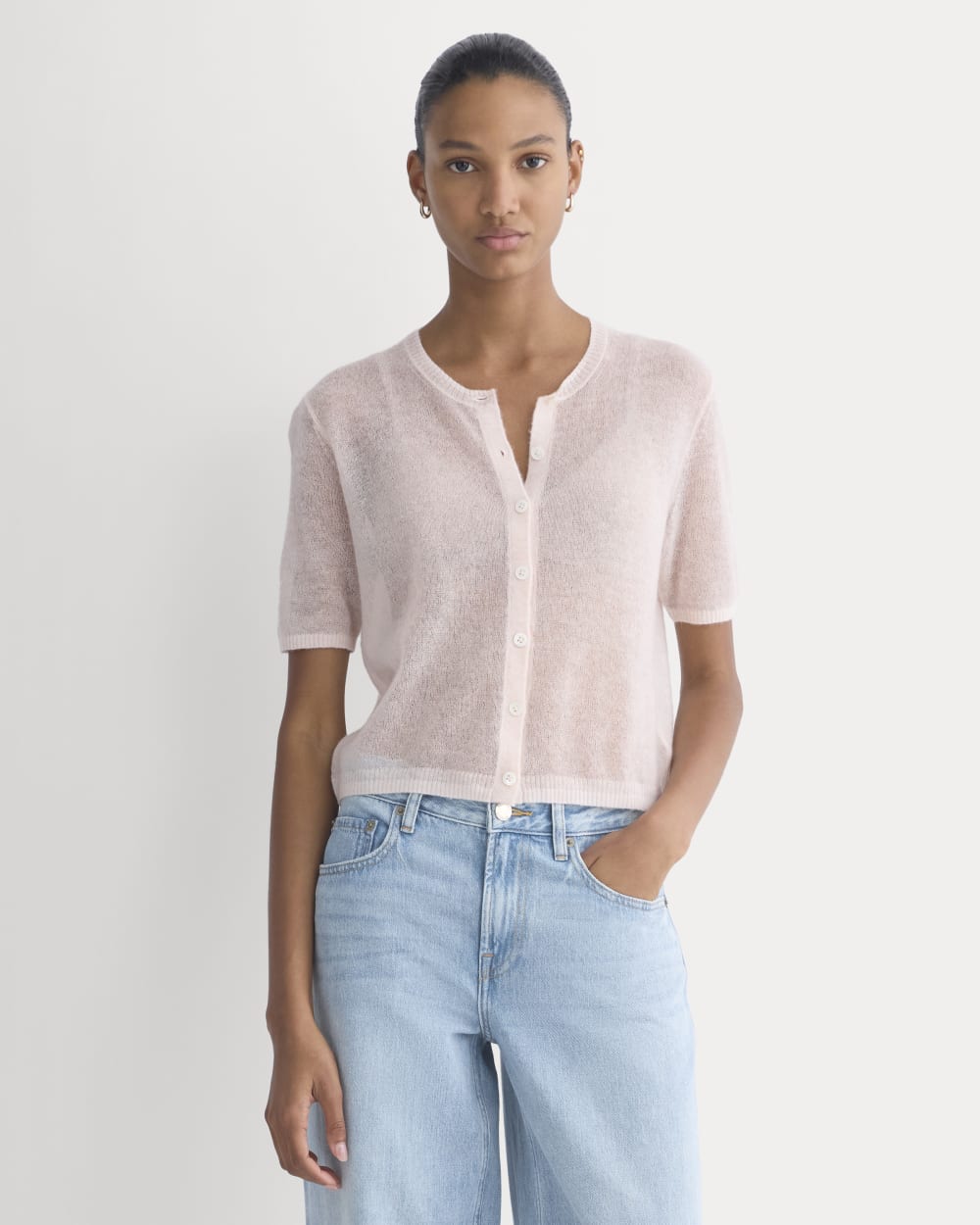 The Air Alpaca™ Short-Sleeve Cardigan in Soft Pink — front view
