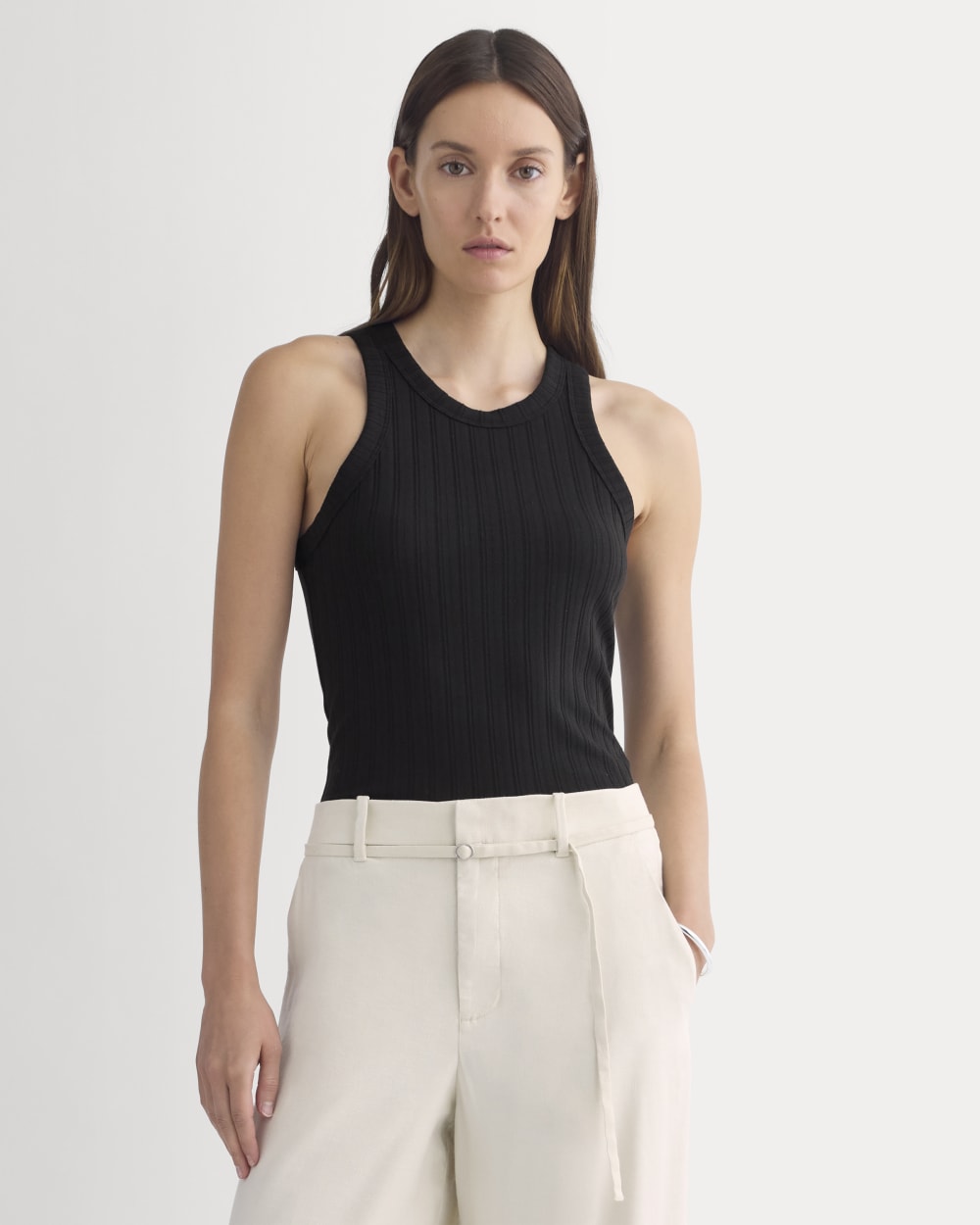 Racerback Tank in Pointelle in Black — front view