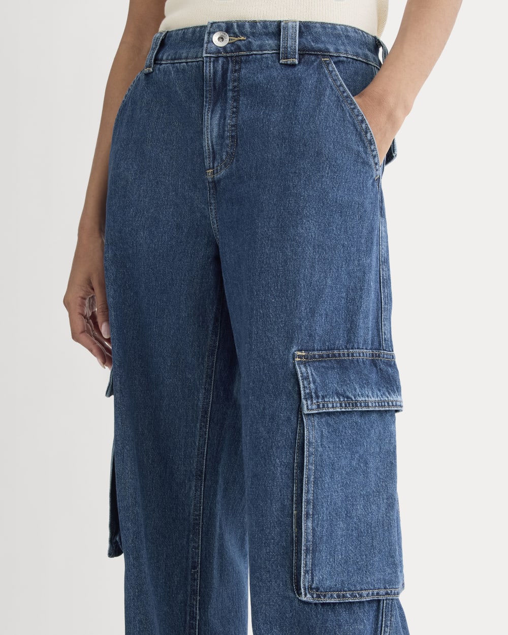 The Mid-Rise Cargo Jean in Tungsten Blue Stone — detail view
