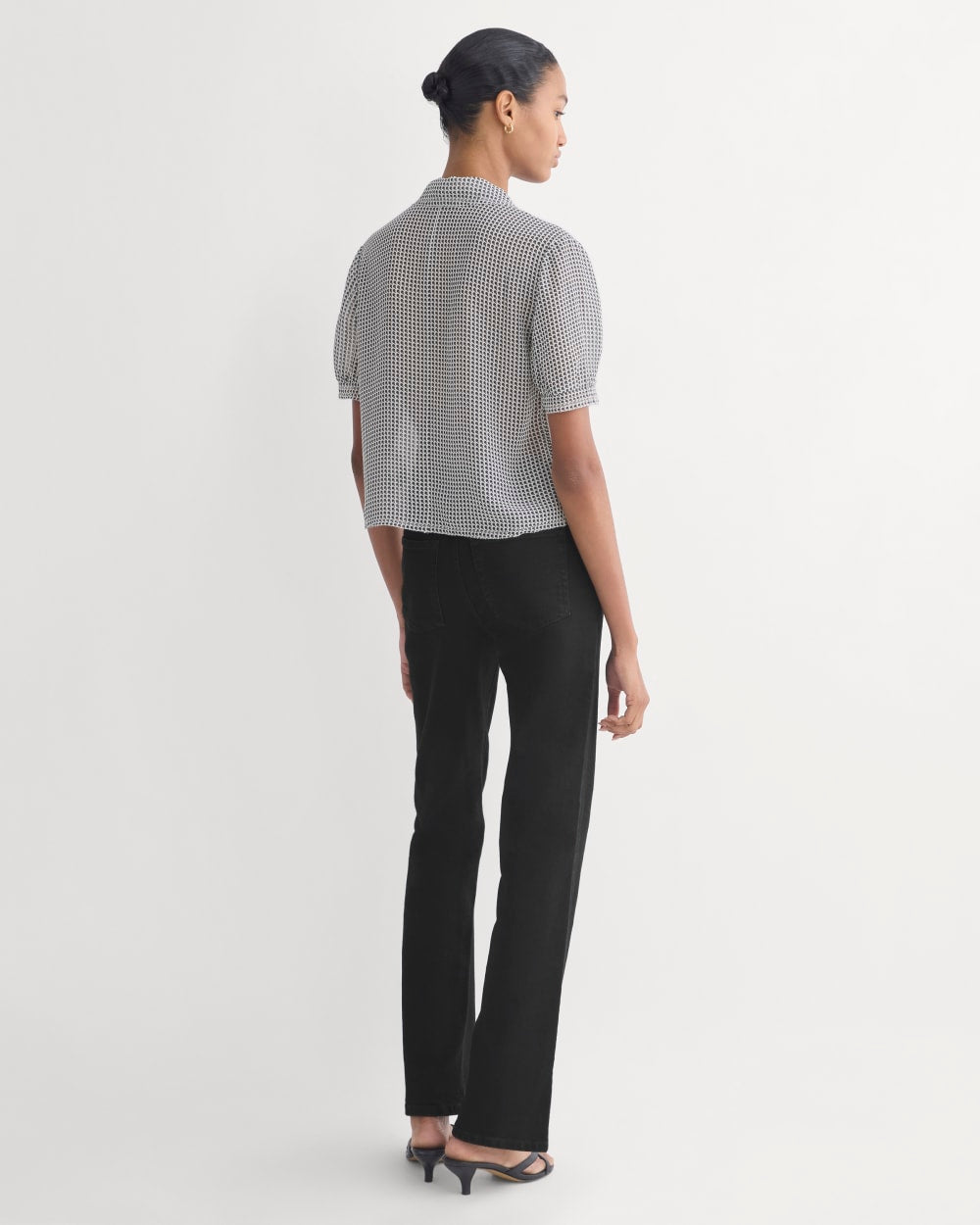 Notch Collar Shirt in Silk Georgette in Gardenia/Black Micro Dot — detail view