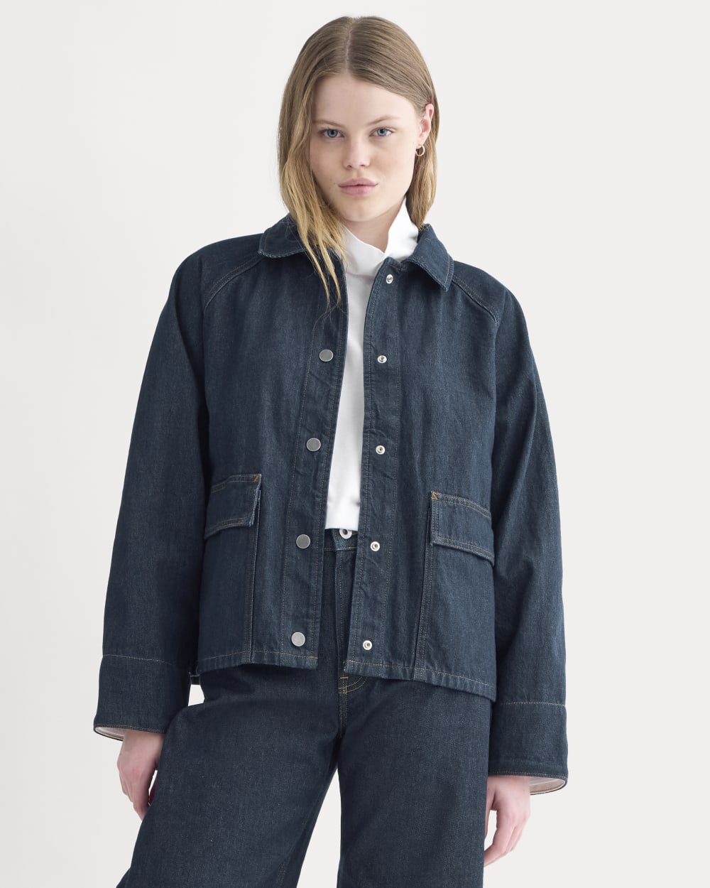 Cropped Denim Jacket in Garment-Dyed Indigo — front view