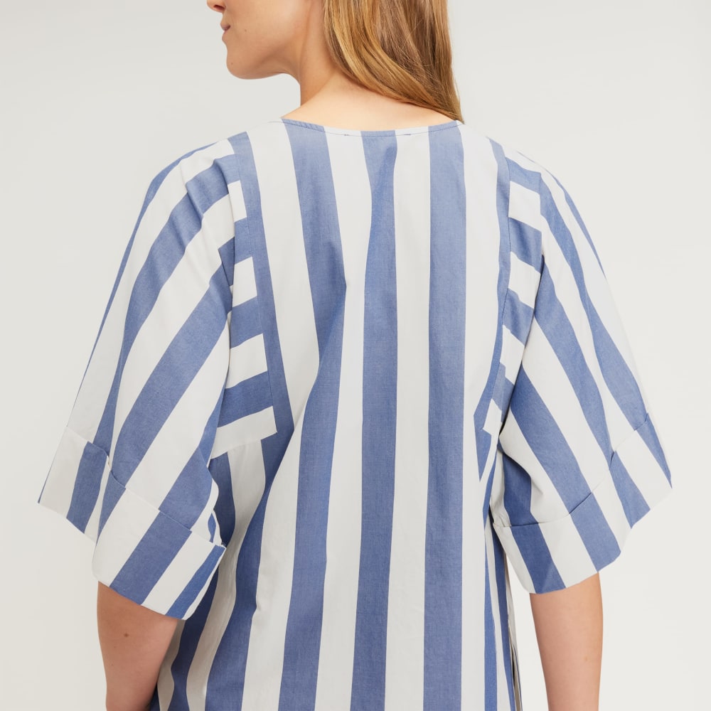 The Poplin Caftan Dress in Mazarine Blue / Bone — detail view