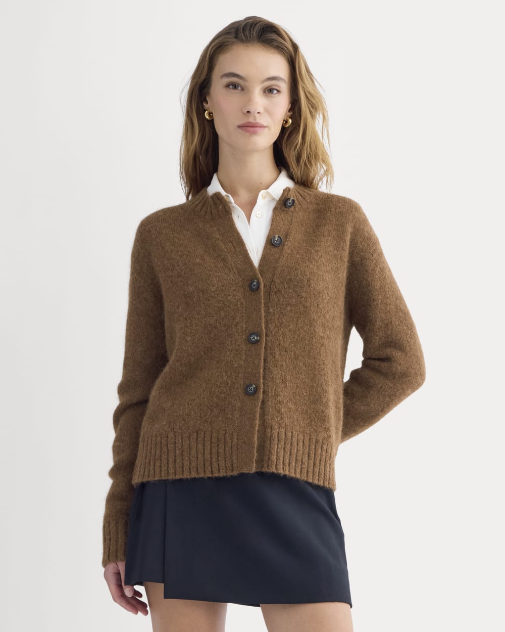 The Crew Cardigan in Alpaca in Toffee — front view