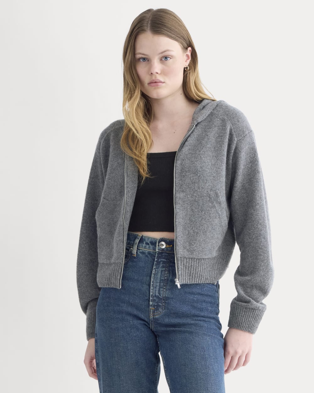 Full-Zip Hoodie in Wool Cashmere in Heather Charcoal — front view