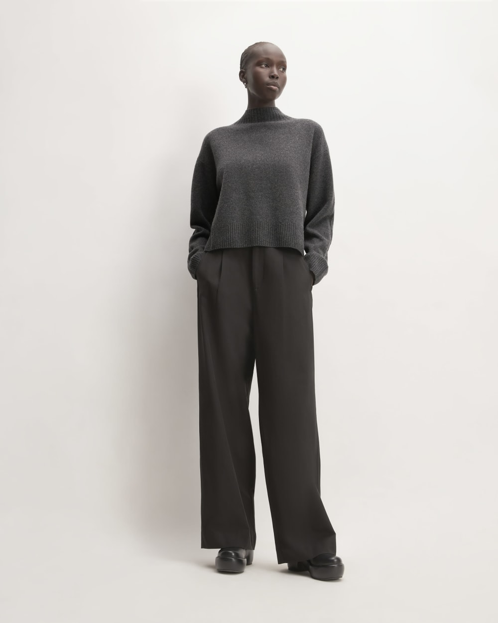 The Good Merino Wool Mockneck Sweater in Graphite — detail view