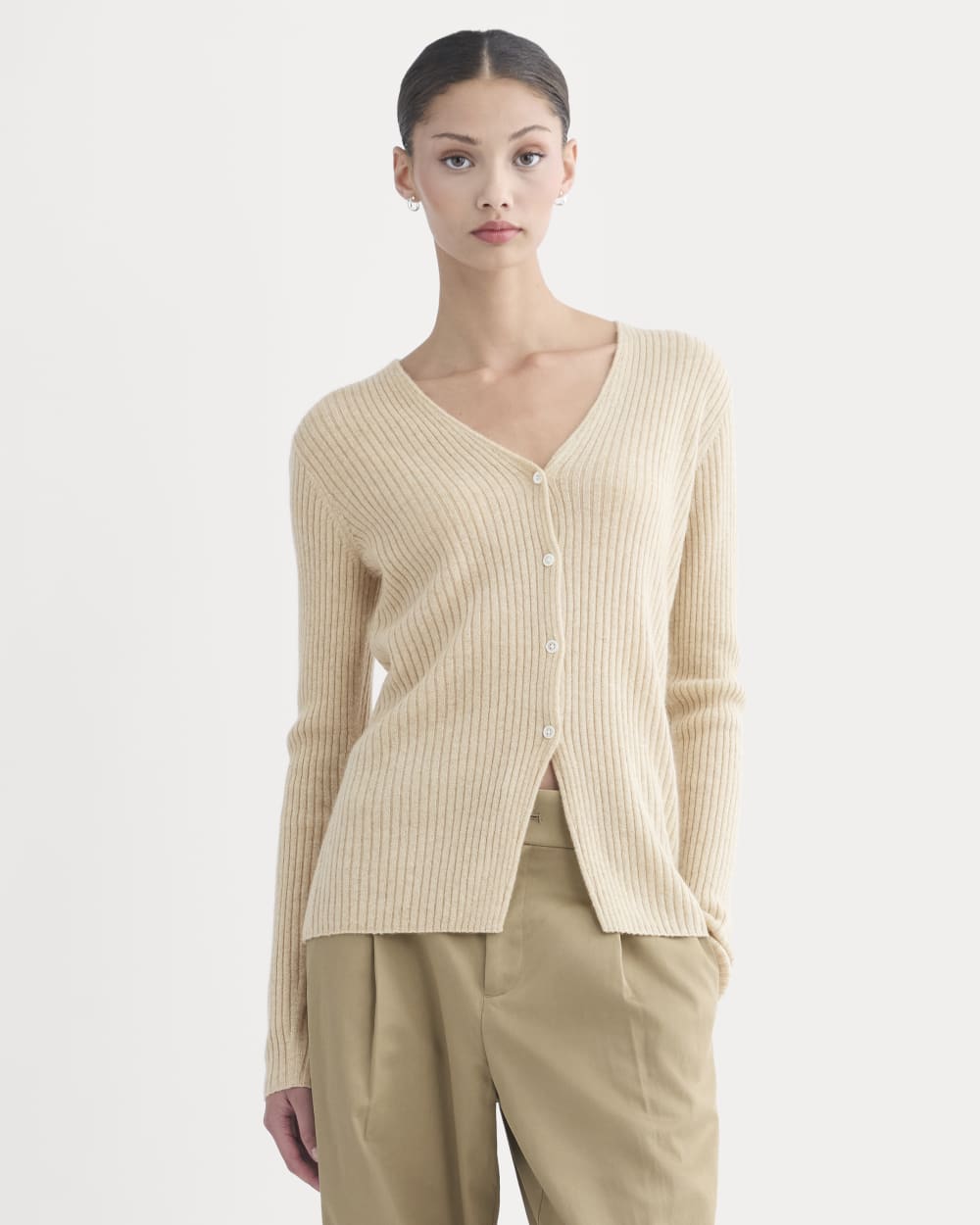 Cashmere Ribbed V-Neck Cardigan in Heather Light Camel — front view