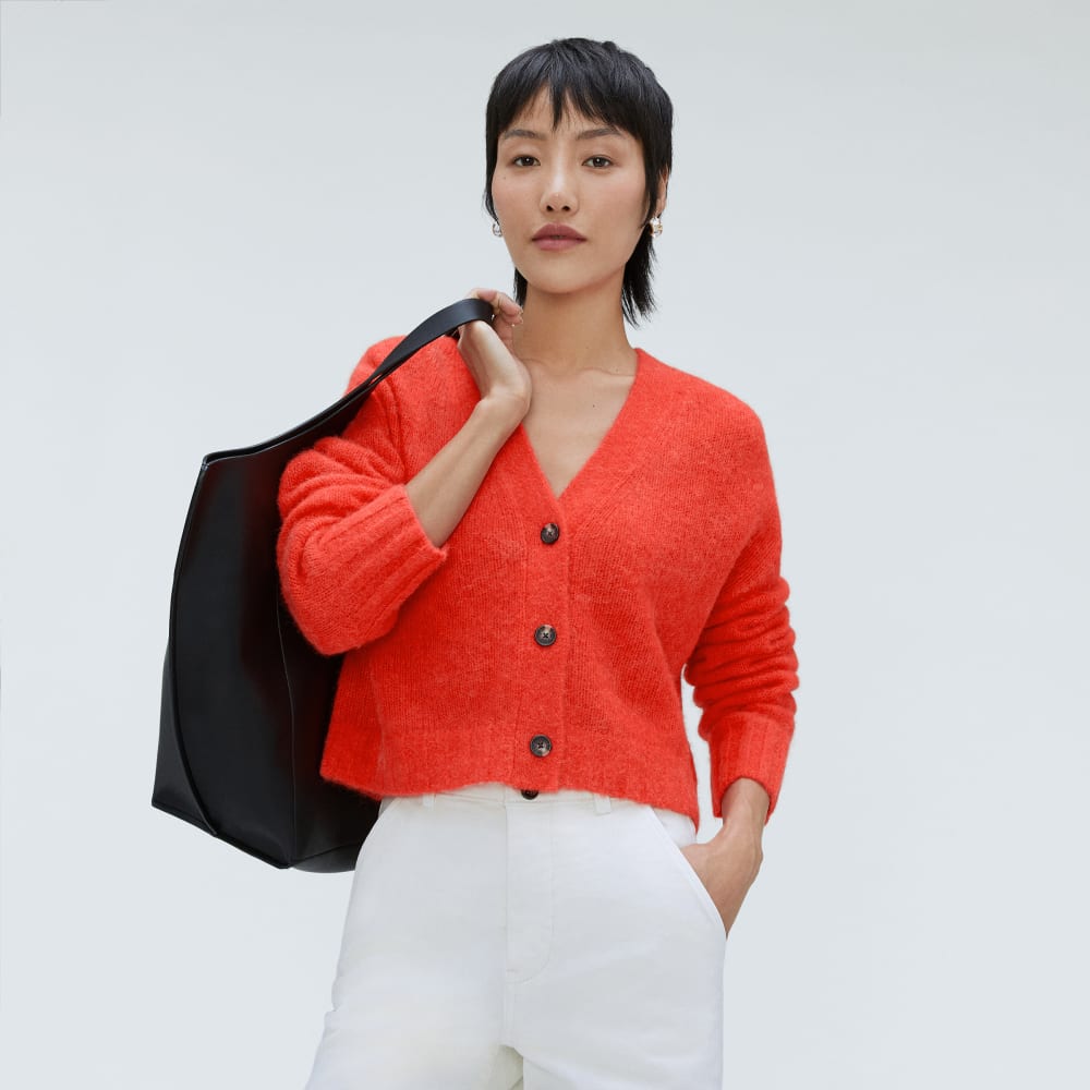 The Alpaca V-Neck Cropped Cardigan in Red Orange — detail view