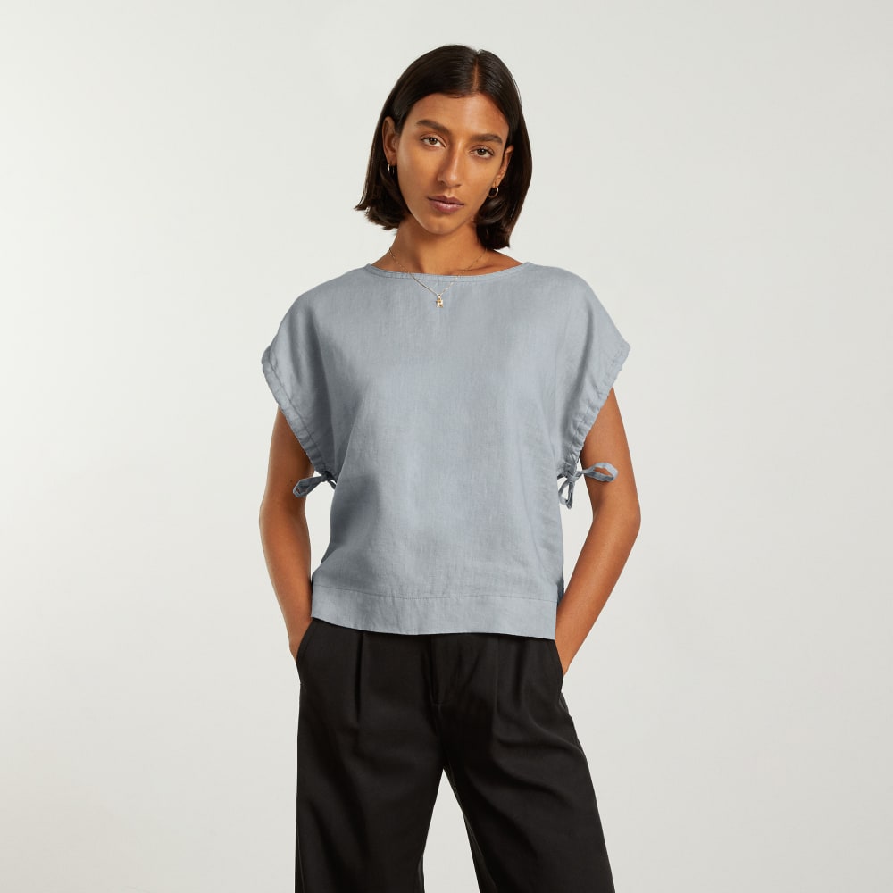 The Drawstring Tunic in Sky — alternate view