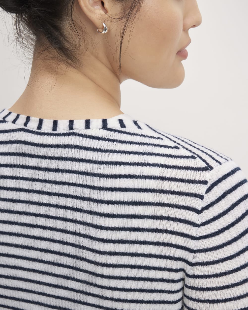 The Cardigan in Ultrasoft Merino in Bone/Navy — detail view