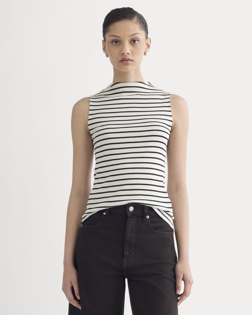 The Luxe Rib Funnel-Neck Tank in Bone / Black — front view