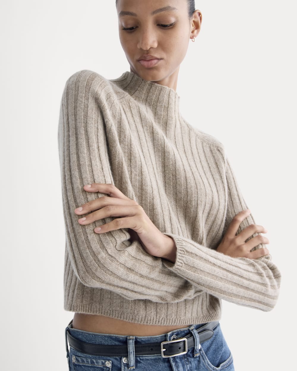 Funnel-Neck Cropped Sweater in Wool Cashmere in Oatmeal — detail view