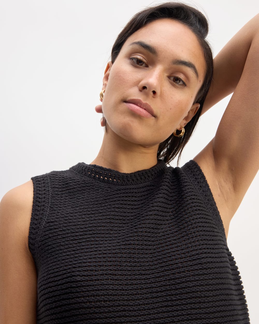 The Organic Cotton Open-Stitch Tank in Black — detail view