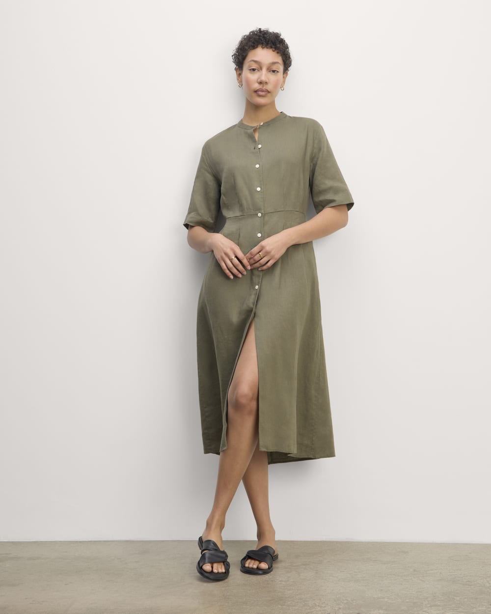 The Frolic Dress in Linen in Kalamata — front view