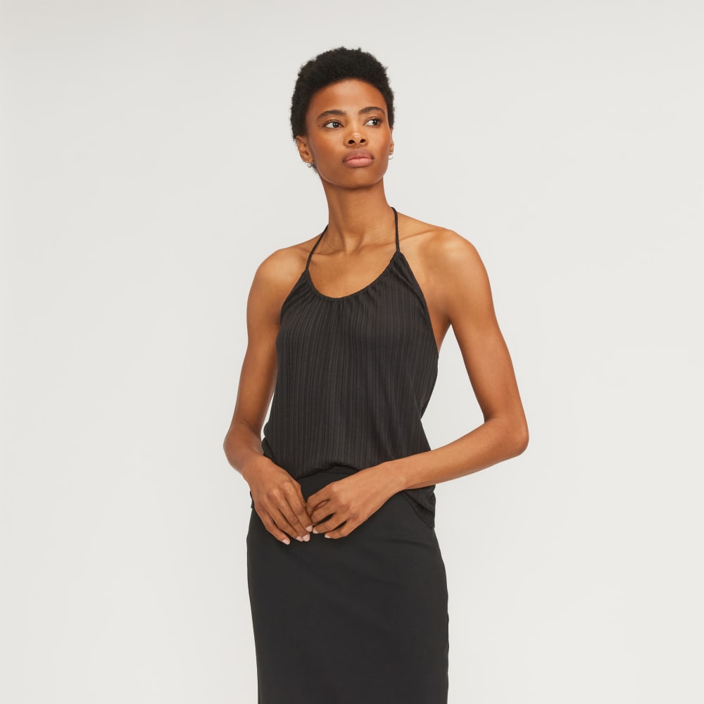 The Rib Soft Knit Halter Top in Black — front view